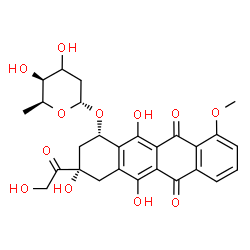 ChemSpider 2D Image | (1S,3S)-3-Glycoloyl-3,5,12-trihydroxy-10-methoxy-6,11-dioxo-1,2,3,4,6,11-hexahydro-1-tetracenyl (3xi)-2,6-dideoxy-alpha-L-threo-hexopyranoside | C27H28O12