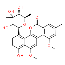 ChemSpider 2D Image | (1S,2xi)-1,5-Anhydro-6-deoxy-1-(1-hydroxy-10,12-dimethoxy-8-methyl-6-oxo-6H-dibenzo[c,h]chromen-4-yl)-3-C-methyl-D-xylo-hexitol | C27H28O9