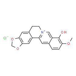ChemSpider 2D Image | 9-Hydroxy-10-methoxy-5,6-dihydro[1,3]dioxolo[4,5-g]isoquinolino[3,2-a]isoquinolin-7-ium chloride | C19H16ClNO4