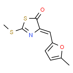 ChemSpider 2D Image | (4Z)-4-[(5-Methyl-2-furyl)methylene]-2-(methylsulfanyl)-1,3-thiazol-5(4H)-one | C10H9NO2S2