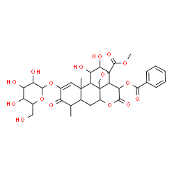 ChemSpider 2D Image | Methyl 15-(benzoyloxy)-2-(hexopyranosyloxy)-11,12-dihydroxy-3,16-dioxo-13,20-epoxypicras-1-en-21-oate | C34H40O16