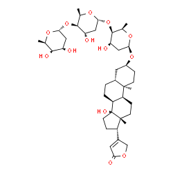 ChemSpider 2D Image | (3beta,5beta,8alpha,10alpha,17alpha)-3-{[2,6-Dideoxy-alpha-D-xylo-hexopyranosyl-(1->4)-2,6-dideoxy-alpha-D-xylo-hexopyranosyl-(1->4)-2,6-dideoxy-beta-D-xylo-hexopyranosyl]oxy}-14-hydroxycard-20(22)-en
olide | C41H64O13