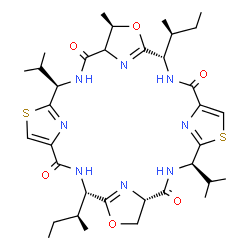 ChemSpider 2D Image | (4S,7R,11R,18S,22S,25R)-4,18-Di[(2S)-2-butanyl]-11,25-diisopropyl-7-methyl-6,20-dioxa-13,27-dithia-3,10,17,24,29,30,31,32-octaazapentacyclo[24.2.1.1~5,8~.1~12,15~.1~19,22~]dotriaconta-1(28),5(32),12(3
1),14,19(30),26(29)-hexaene-2,9,16,23-tetrone | C35H50N8O6S2
