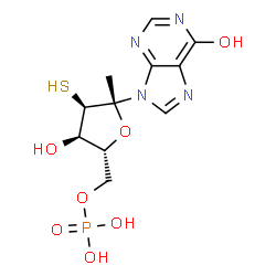 ChemSpider 2D Image | 1-Deoxy-2-(6-hydroxy-9H-purin-9-yl)-6-O-phosphono-3-thio-beta-D-psicofuranosyl | C11H15N4O7PS