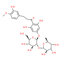 ChemSpider 2D Image | 3,5-Dihydroxy-4-[3-(3-hydroxy-4-methoxyphenyl)propanoyl]phenyl 2-O-[(3xi)-6-deoxy-alpha-L-arabino-hexopyranosyl]-beta-D-glucopyranoside | C28H36O15