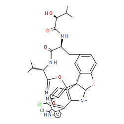 ChemSpider 2D Image | (2S)-N-[(10S,13S,20R)-3,35-Dichloro-10-isopropyl-12-oxo-8,37,40-trioxa-4,11,22,34,39-pentaazadecacyclo[27.6.1.1~2,5~.1~6,9~.1~15,19~.1~18,21~.0~7,20~.0~20,24~.0~23,28~.0~33,36~]tetraconta-1(35),2,4,6,
9(39),15(38),16,18,23,25,27,29(36),30,32-tetradecaen-13-yl]-2-hydroxy-3-methylbutanamide | C40H34Cl2N6O6