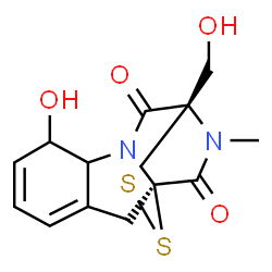 ChemSpider 2D Image | (1R,11R)-7-Hydroxy-11-(hydroxymethyl)-15-methyl-12,13-dithia-9,15-diazatetracyclo[9.2.2.0~1,9~.0~3,8~]pentadeca-3,5-diene-10,14-dione | C13H14N2O4S2