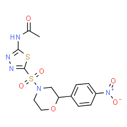 ChemSpider 2D Image | N-(5-{[2-(4-Nitrophenyl)-4-morpholinyl]sulfonyl}-1,3,4-thiadiazol-2-yl)acetamide | C14H15N5O6S2