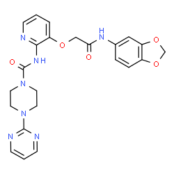 ChemSpider 2D Image | N-{3-[2-(1,3-Benzodioxol-5-ylamino)-2-oxoethoxy]-2-pyridinyl}-4-(2-pyrimidinyl)-1-piperazinecarboxamide | C23H23N7O5