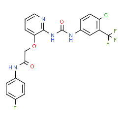 ChemSpider 2D Image | 2-{[2-({[4-Chloro-3-(trifluoromethyl)phenyl]carbamoyl}amino)-3-pyridinyl]oxy}-N-(4-fluorophenyl)acetamide | C21H15ClF4N4O3