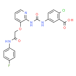 ChemSpider 2D Image | 2-Chloro-5-{[(3-{2-[(4-fluorophenyl)amino]-2-oxoethoxy}-2-pyridinyl)carbamoyl]amino}benzoic acid | C21H16ClFN4O5