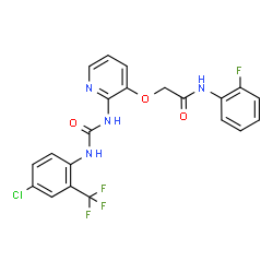 ChemSpider 2D Image | 2-{[2-({[4-Chloro-2-(trifluoromethyl)phenyl]carbamoyl}amino)-3-pyridinyl]oxy}-N-(2-fluorophenyl)acetamide | C21H15ClF4N4O3