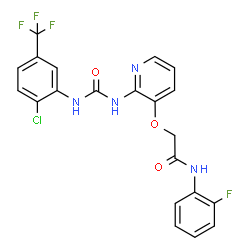 ChemSpider 2D Image | 2-{[2-({[2-Chloro-5-(trifluoromethyl)phenyl]carbamoyl}amino)-3-pyridinyl]oxy}-N-(2-fluorophenyl)acetamide | C21H15ClF4N4O3