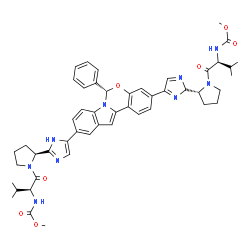ChemSpider 2D Image | Methyl {(2S)-1-[(2R)-2-{4-[(6S)-10-{2-[(2S)-1-{(2S)-2-[(methoxycarbonyl)amino]-3-methylbutanoyl}-2-pyrrolidinyl]-1H-imidazol-5-yl}-6-phenylindolo[1,2-c][1,3]benzoxazin-3-yl]-2H-imidazol-2-yl}-1-pyrrol
idinyl]-3-methyl-1-oxo-2-butanyl}carbamate | C49H55N9O7