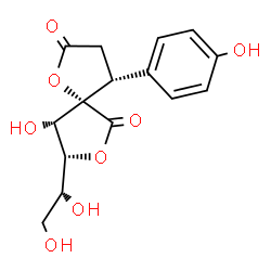 ChemSpider 2D Image | (4R,5S,8R,9S)-8-[(1R)-1,2-Dihydroxyethyl]-9-hydroxy-4-(4-hydroxyphenyl)-1,7-dioxaspiro[4.4]nonane-2,6-dione | C15H16O8