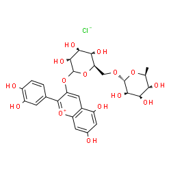 ChemSpider 2D Image | 2-(3,4-Dihydroxyphenyl)-5,7-dihydroxy-3-chromeniumyl 6-O-(6-deoxy-alpha-L-mannopyranosyl)-D-glucopyranoside chloride | C27H31ClO15
