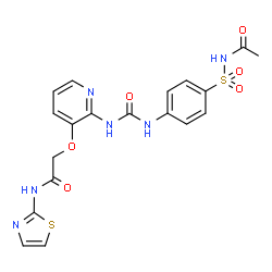 ChemSpider 2D Image | 2-{[2-({[4-(Acetylsulfamoyl)phenyl]carbamoyl}amino)-3-pyridinyl]oxy}-N-(1,3-thiazol-2-yl)acetamide | C19H18N6O6S2
