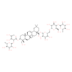 ChemSpider 2D Image | 6-Deoxy-alpha-L-mannopyranosyl-(1->4)-D-glucopyranosyl-(1->6)-1-O-[(3beta)-3-{[(2xi)-2-O-(6-deoxy-alpha-L-mannopyranosyl)-alpha-L-erythro-pentopyranosyl]oxy}-23-hydroxy-28-oxoolean-12-en-28-yl]-beta-D
-glucopyranose | C59H96O26