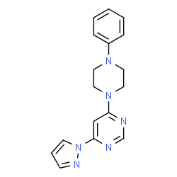 ChemSpider 2D Image | 4-(4-Phenyl-1-piperazinyl)-6-(1H-pyrazol-1-yl)pyrimidine | C17H18N6