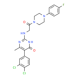 ChemSpider 2D Image | 5-(3,4-Dichlorophenyl)-2-({2-[4-(4-fluorophenyl)-1-piperazinyl]-2-oxoethyl}amino)-6-methyl-4(3H)-pyrimidinone | C23H22Cl2FN5O2
