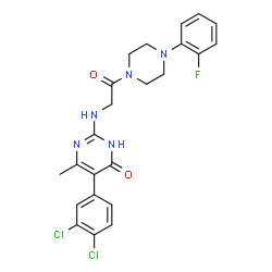 ChemSpider 2D Image | 5-(3,4-Dichlorophenyl)-2-({2-[4-(2-fluorophenyl)-1-piperazinyl]-2-oxoethyl}amino)-6-methyl-4(3H)-pyrimidinone | C23H22Cl2FN5O2