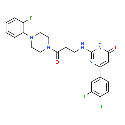 ChemSpider 2D Image | 6-(3,4-Dichlorophenyl)-2-({3-[4-(2-fluorophenyl)-1-piperazinyl]-3-oxopropyl}amino)-4(3H)-pyrimidinone | C23H22Cl2FN5O2