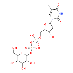 ChemSpider 2D Image | [3-Hydroxy-5-(5-methyl-2,4-dioxo-3,4-dihydro-1(2H)-pyrimidinyl)tetrahydro-2-furanyl]methyl 3,4,5-trihydroxy-6-(hydroxymethyl)tetrahydro-2H-pyran-2-yl dihydrogen diphosphate | C16H26N2O16P2