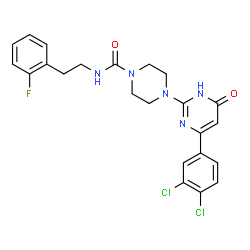 ChemSpider 2D Image | 4-[4-(3,4-Dichlorophenyl)-6-oxo-1,6-dihydro-2-pyrimidinyl]-N-[2-(2-fluorophenyl)ethyl]-1-piperazinecarboxamide | C23H22Cl2FN5O2
