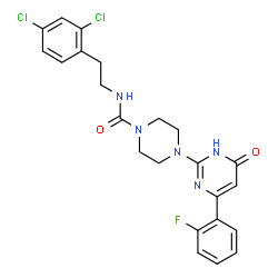ChemSpider 2D Image | N-[2-(2,4-Dichlorophenyl)ethyl]-4-[4-(2-fluorophenyl)-6-oxo-1,6-dihydro-2-pyrimidinyl]-1-piperazinecarboxamide | C23H22Cl2FN5O2