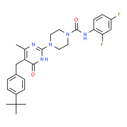 ChemSpider 2D Image | N-(2,4-Difluorophenyl)-4-{4-methyl-5-[4-(2-methyl-2-propanyl)benzyl]-6-oxo-1,6-dihydro-2-pyrimidinyl}-1-piperazinecarboxamide | C27H31F2N5O2