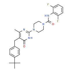 ChemSpider 2D Image | N-(2,6-Difluorophenyl)-4-{4-methyl-5-[4-(2-methyl-2-propanyl)benzyl]-6-oxo-1,6-dihydro-2-pyrimidinyl}-1-piperazinecarboxamide | C27H31F2N5O2