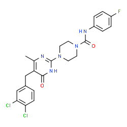 ChemSpider 2D Image | 4-[5-(3,4-Dichlorobenzyl)-4-methyl-6-oxo-1,6-dihydro-2-pyrimidinyl]-N-(4-fluorophenyl)-1-piperazinecarboxamide | C23H22Cl2FN5O2