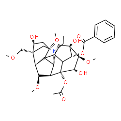 ChemSpider 2D Image | (1alpha,3alpha,6beta,8alpha,9xi,14alpha,15alpha,16beta)-8-Acetoxy-20-ethyl-3,13,15-trihydroxy-1,6,16-trimethoxy-4-(methoxymethyl)aconitan-14-yl benzoate | C34H47NO11