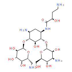 ChemSpider 2D Image | (2S)-4-Amino-N-[(1R,2S,3S,4R,5S)-5-amino-2-[(3-amino-3-deoxy-alpha-D-glucopyranosyl)oxy]-4-{[(3xi)-6-amino-6-deoxy-alpha-D-xylo-hexopyranosyl]oxy}-3-hydroxycyclohexyl]-2-hydroxybutanamide | C22H43N5O13