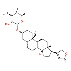 ChemSpider 2D Image | (3beta,5beta)-3-[(6-Deoxy-3-O-methyl-alpha-D-galactopyranosyl)oxy]-14-hydroxy-19-oxocard-20(22)-enolide | C30H44O9