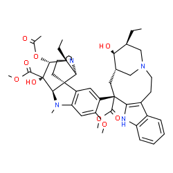ChemSpider 2D Image | Methyl (2beta,3beta,4beta,5alpha,12beta,19alpha)-4-acetoxy-15-[(13S,15S,16S,17S)-17-ethyl-16-hydroxy-13-(methoxycarbonyl)-1,11-diazatetracyclo[13.3.1.0~4,12~.0~5,10~]nonadeca-4(12),5,7,9-tetraen-13-yl
]-3-hydroxy-16-methoxy-1-methyl-6,7-didehydroaspidospermidine-3-carboxylate | C46H58N4O9