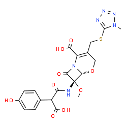 ChemSpider 2D Image | (6R,7S)-7-{[Carboxy(4-hydroxyphenyl)acetyl]amino}-7-methoxy-3-{[(1-methyl-1H-tetrazol-5-yl)sulfanyl]methyl}-8-oxo-5-oxa-1-azabicyclo[4.2.0]oct-2-ene-2-carboxylic acid | C20H20N6O9S