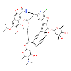 ChemSpider 2D Image | N-[(3S,9R,14S,15E,19S,21R,24S)-6-Chloro-24-[(2,6-dideoxy-3-C-methyl-alpha-L-ribo-hexopyranosyl)oxy]-11-oxo-14-{[(5xi)-2,4,6-trideoxy-4-(dimethylamino)-D-erythro-hexopyranosyl]oxy}-4,12,20-trioxa-7-aza
pentacyclo[13.6.2.2~5,8~.1~3,21~.0~19,21~]hexacosa-1,5,7,15,25-pentaene-17,22-diyn-9-yl]-3-hydroxy-6-isopropoxy-7,8-dimethoxy-2-naphthamide | C53H60ClN3O16