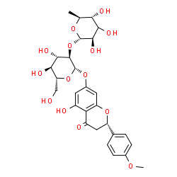 ChemSpider 2D Image | (2S)-5-Hydroxy-2-(4-methoxyphenyl)-4-oxo-3,4-dihydro-2H-chromen-7-yl 2-O-[(3xi)-6-deoxy-alpha-L-arabino-hexopyranosyl]-beta-D-glucopyranoside | C28H34O14