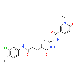 ChemSpider 2D Image | N-(6-{3-[(3-Chloro-4-methoxyphenyl)amino]-3-oxopropyl}-5-oxo-4,5-dihydro-1,2,4-triazin-3-yl)-1-ethyl-6-oxo-1,6-dihydro-3-pyridinecarboxamide | C21H21ClN6O5