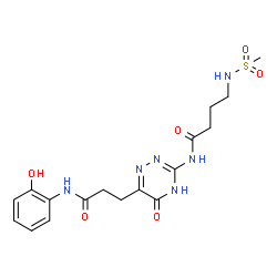 ChemSpider 2D Image | N-(6-{3-[(2-Hydroxyphenyl)amino]-3-oxopropyl}-5-oxo-4,5-dihydro-1,2,4-triazin-3-yl)-4-[(methylsulfonyl)amino]butanamide | C17H22N6O6S