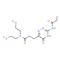 ChemSpider 2D Image | N,N-Bis(2-methoxyethyl)-3-[5-oxo-3-(propionylamino)-4,5-dihydro-1,2,4-triazin-6-yl]propanamide | C15H25N5O5