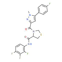ChemSpider 2D Image | 3-{[5-(4-Fluorophenyl)-1-methyl-1H-pyrazol-3-yl]carbonyl}-N-(2,3,4-trifluorophenyl)-1,3-thiazolidine-4-carboxamide | C21H16F4N4O2S