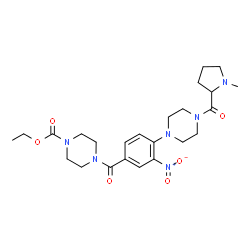 ChemSpider 2D Image | Ethyl 4-{4-[4-(1-methylprolyl)-1-piperazinyl]-3-nitrobenzoyl}-1-piperazinecarboxylate | C24H34N6O6