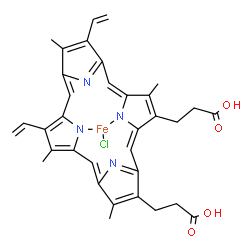 ChemSpider 2D Image | Chloro[3,3'-(3,7,12,17-tetramethyl-8,13-divinyl-2,18-porphyrindiyl-kappa~2~N~22~,N~24~)dipropanoato(2-)]iron | C34H32ClFeN4O4