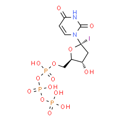 ChemSpider 2D Image | [[(2R,3S,5S)-5-(2,4-dioxopyrimidin-1-yl)-3-hydroxy-5-iodo-tetrahydrofuran-2-yl]methoxy-hydroxy-phosphoryl] phosphono hydrogen phosphate | C9H14IN2O14P3