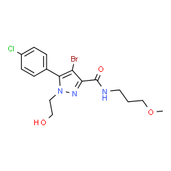 ChemSpider 2D Image | 4-Bromo-5-(4-chlorophenyl)-1-(2-hydroxyethyl)-N-(3-methoxypropyl)-1H-pyrazole-3-carboxamide | C16H19BrClN3O3