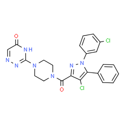 ChemSpider 2D Image | 3-(4-{[4-Chloro-1-(3-chlorophenyl)-5-phenyl-1H-pyrazol-3-yl]carbonyl}-1-piperazinyl)-1,2,4-triazin-5(4H)-one | C23H19Cl2N7O2