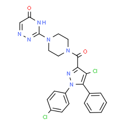 ChemSpider 2D Image | 3-(4-{[4-Chloro-1-(4-chlorophenyl)-5-phenyl-1H-pyrazol-3-yl]carbonyl}-1-piperazinyl)-1,2,4-triazin-5(4H)-one | C23H19Cl2N7O2