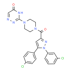 ChemSpider 2D Image | 3-(4-{[1-(3-Chlorophenyl)-5-(4-chlorophenyl)-1H-pyrazol-3-yl]carbonyl}-1-piperazinyl)-1,2,4-triazin-5(4H)-one | C23H19Cl2N7O2